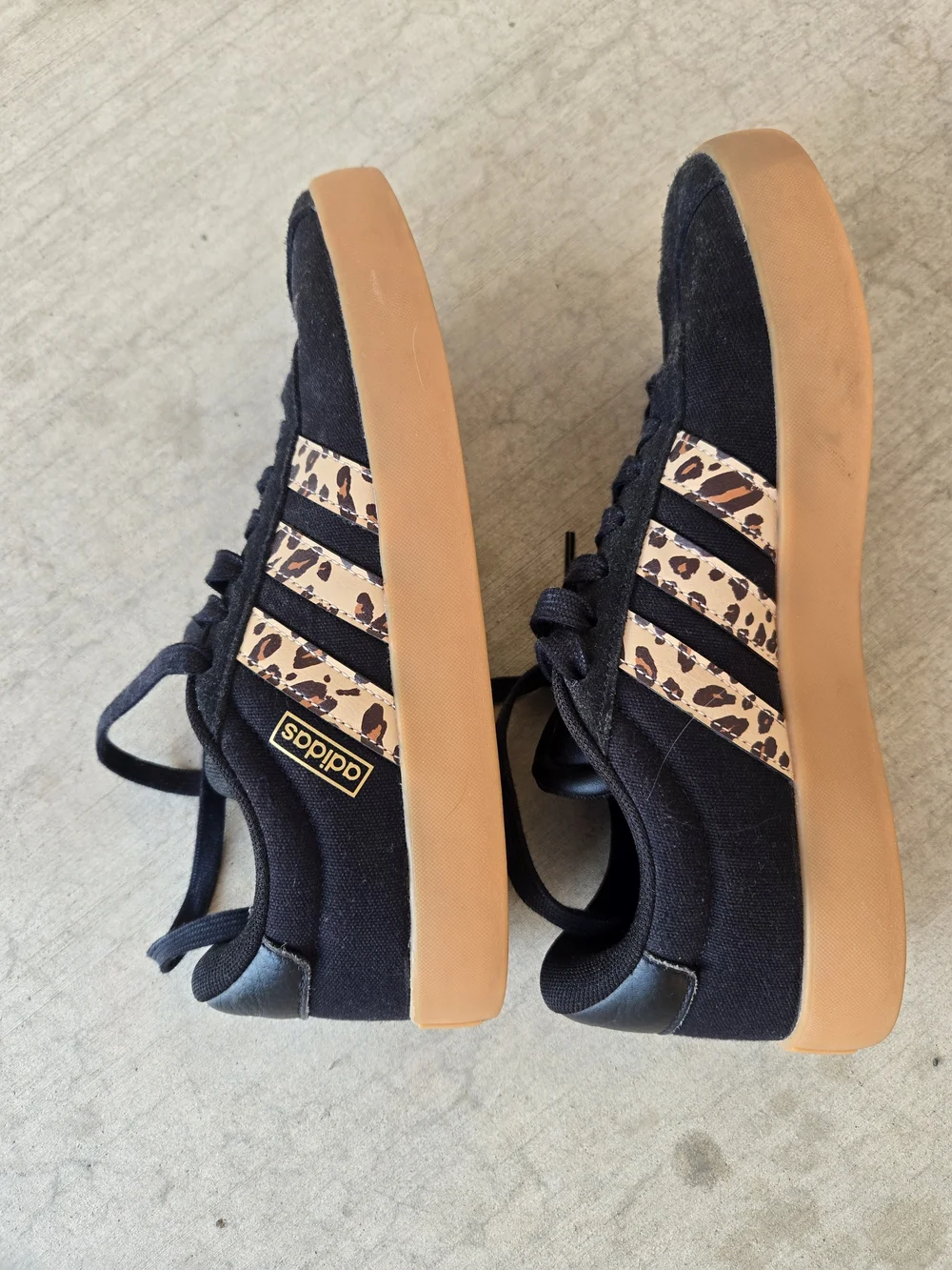 adidas Women’s Black Sneakers with Leopard Print Stripes and Gum Sole